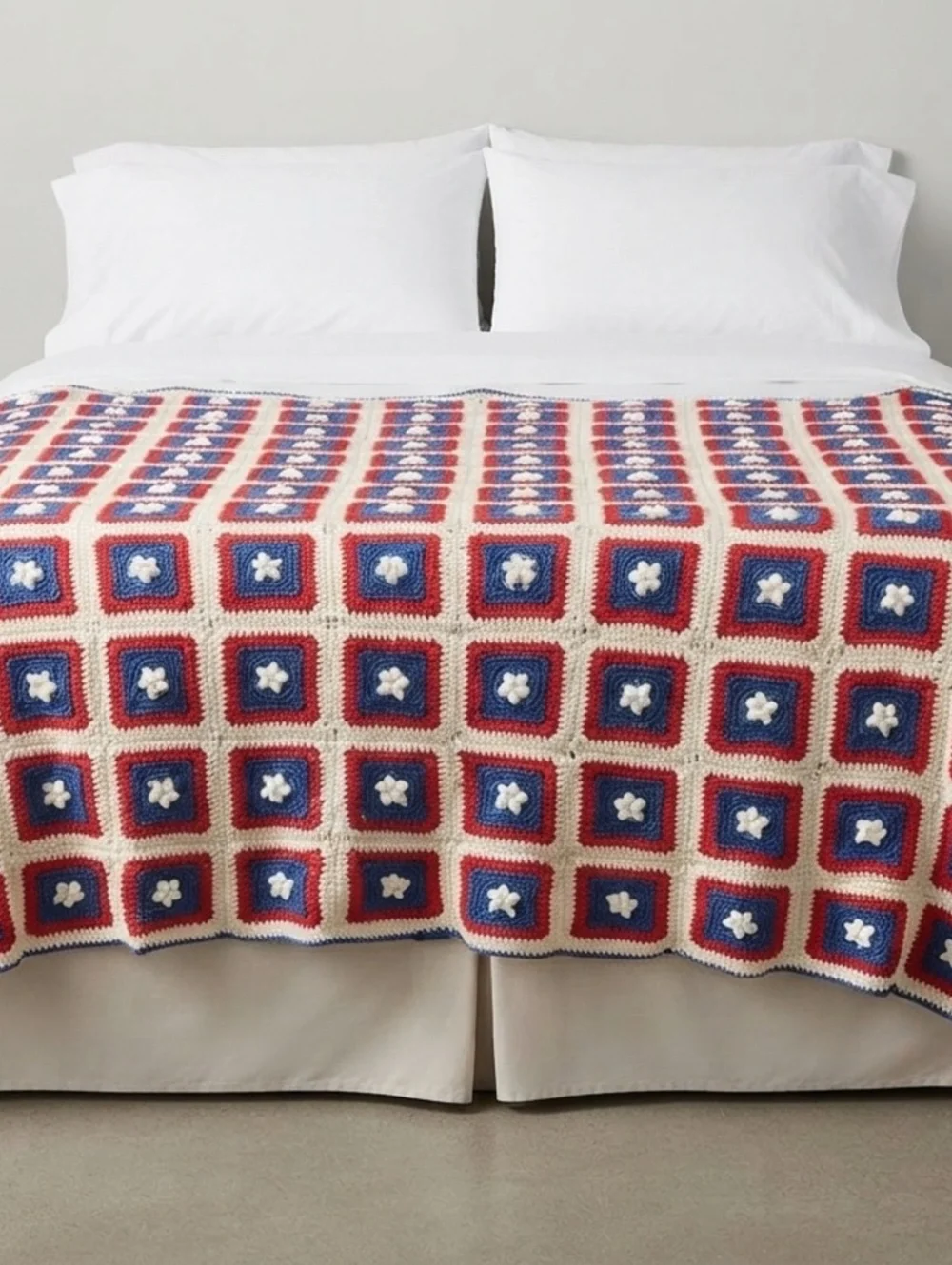 Handmade Crochet Afghan Blanket with Red,white,blue Squares